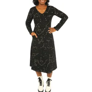 Constellations Glow-in-the-dark Long Sleeves Midi Dress (With Waist Seam)