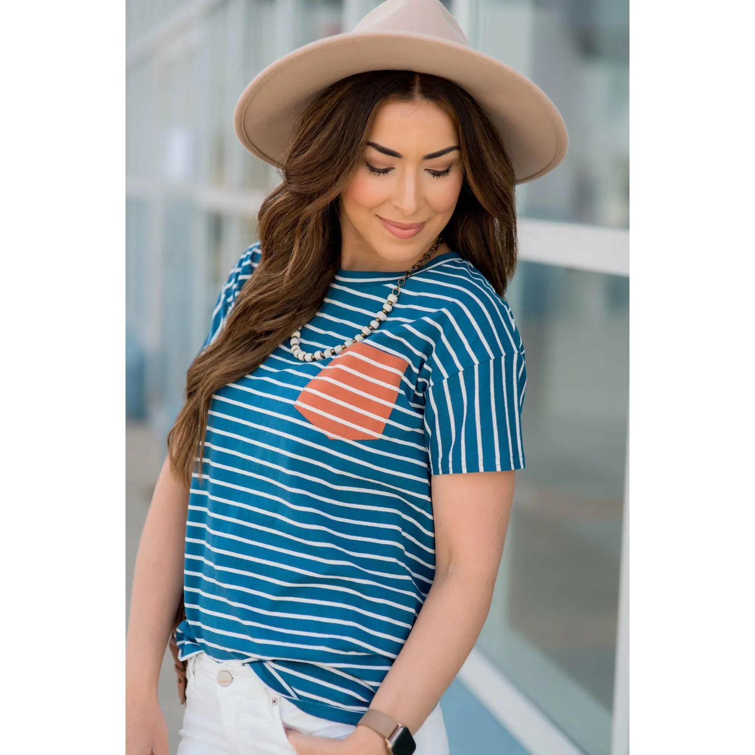 Contrasting Striped Pocket Tee