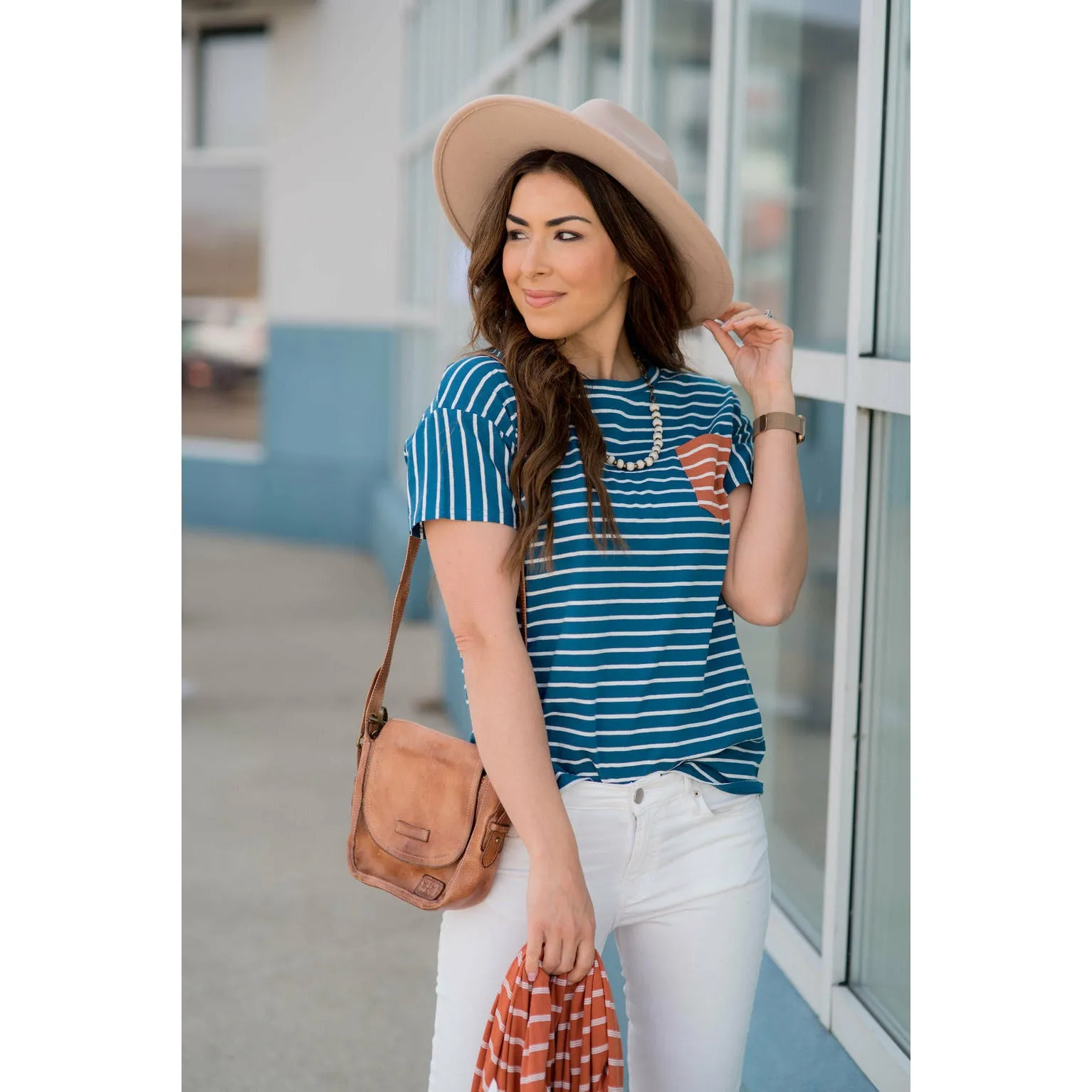 Contrasting Striped Pocket Tee