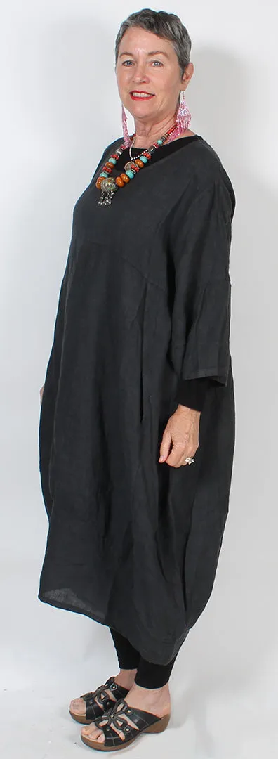 Linen Black Dress - Long Tunic Lagenlook Boho Resort Sml-4x