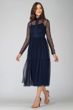 Roman Lola Polka Dot Midi Dress in Navy Blue